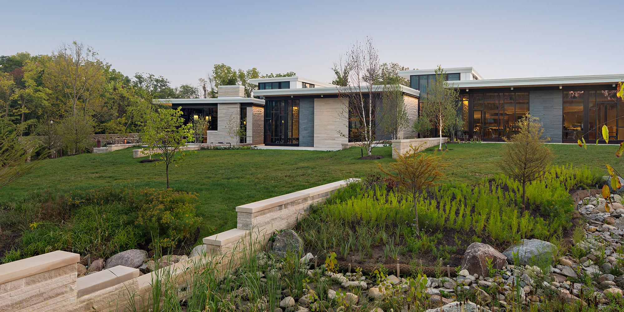 IBI Group design exterior stone wall finishes in landscape architecture of Miami University Ohio Western Campus Dining Hall